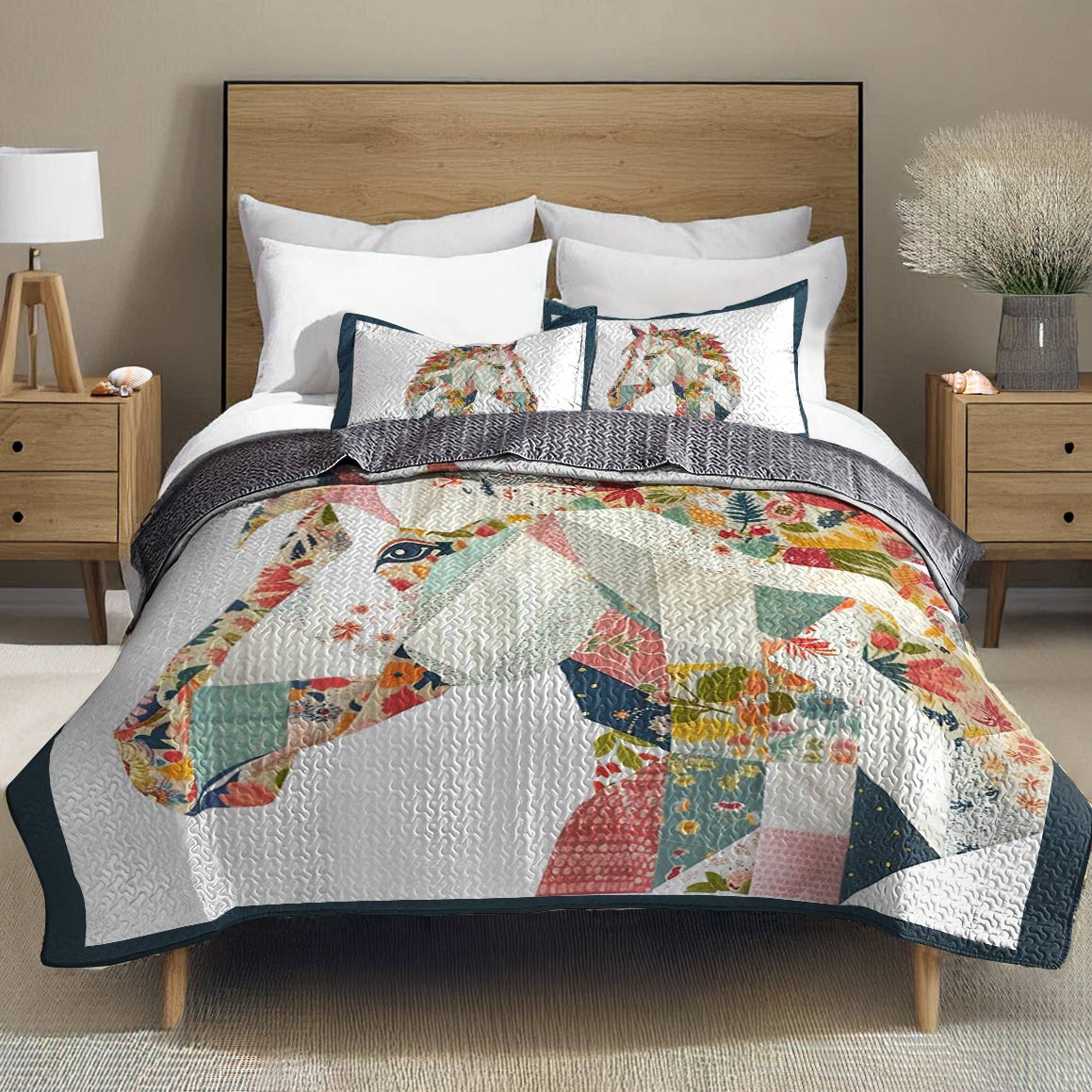 Shineful All Season Quilt 3-Piece Set Charming Floral Horse