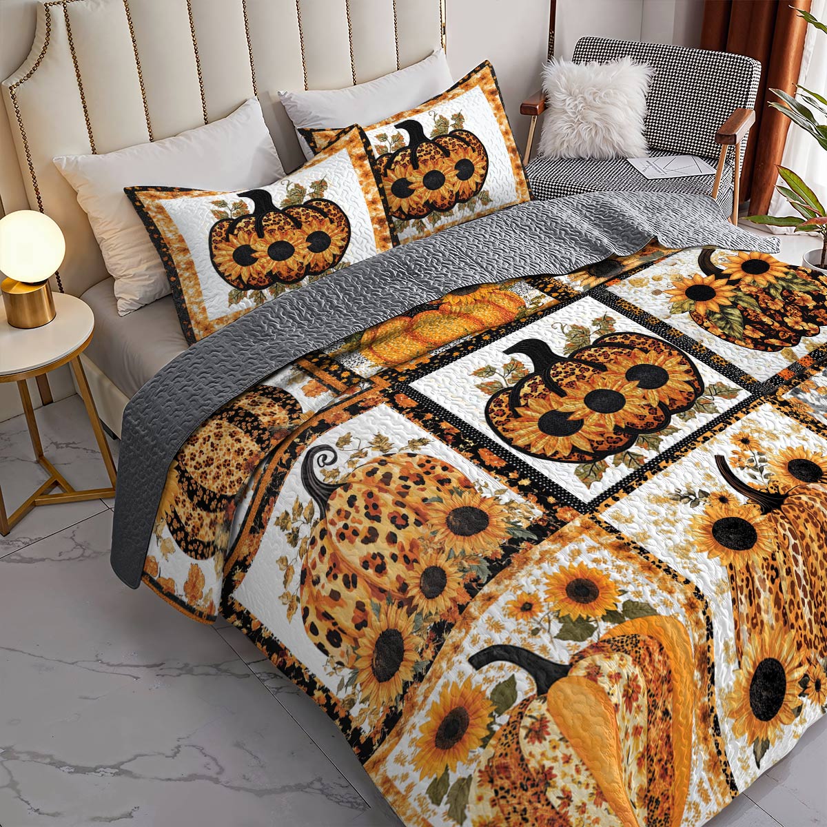 Shineful All Season Quilt 3-Piece Set Gorgeous Pumpkins Sunflowers