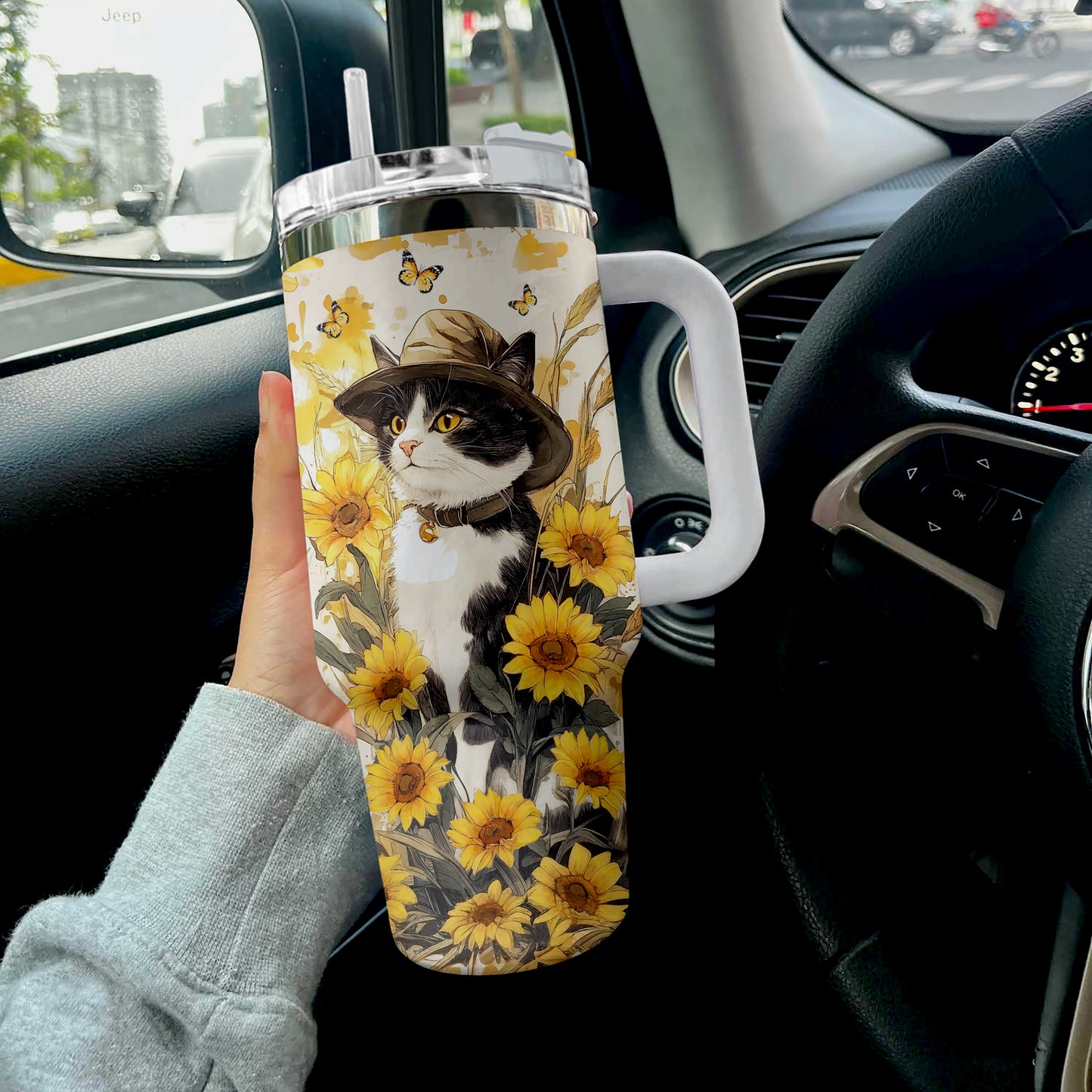 Chat smoking tournesol Shineful Tumbler avec chapeau