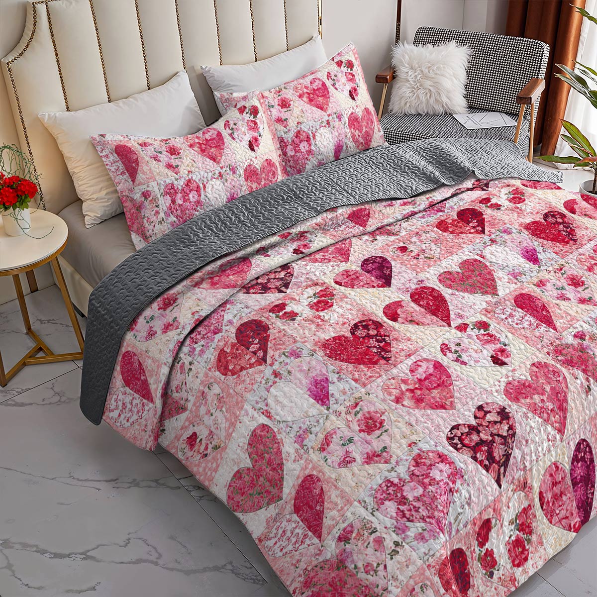 Shineful All Season Quilt 3-Piece Set Sweet Flowers Heart