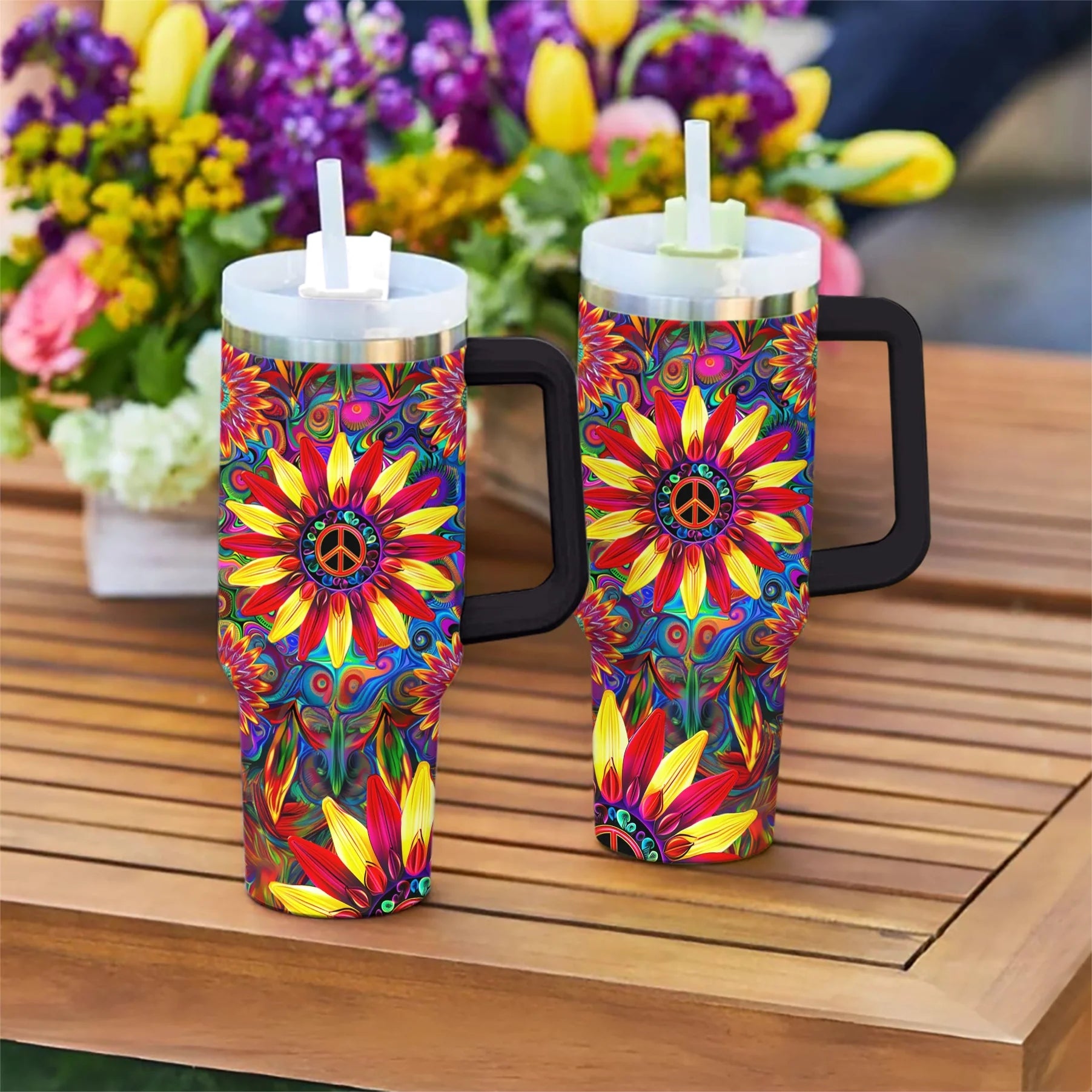 Hippie 40 Oz Shineful™ Tumbler Floral Peace Mn8 Black 40Oz