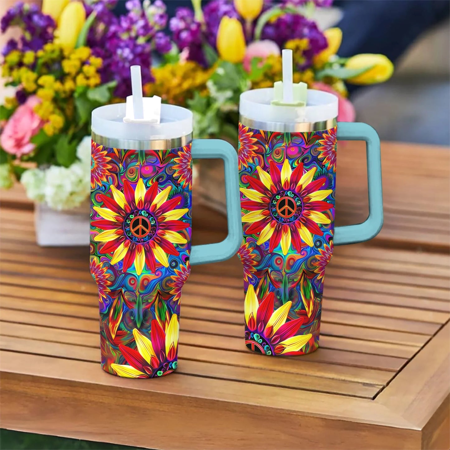 Hippie 40 Oz Shineful™ Tumbler Floral Peace Mn8 Sky Blue 40Oz