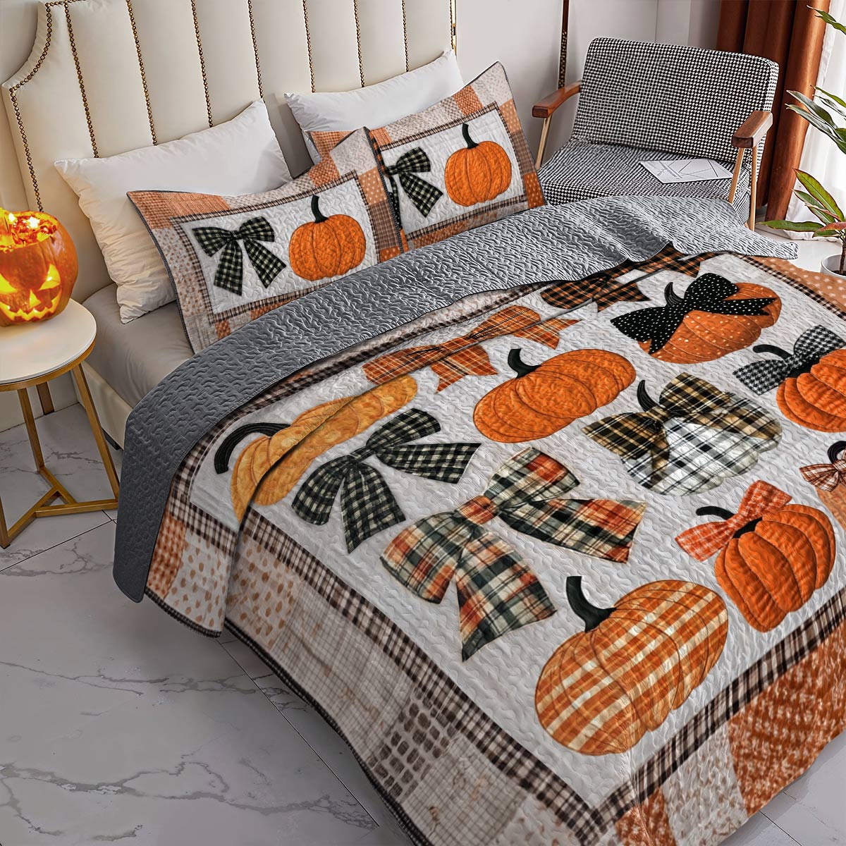 Ensemble de courtepointe toutes saisons Shineful Flat Print 3 pièces Sweet Love Pumpkins