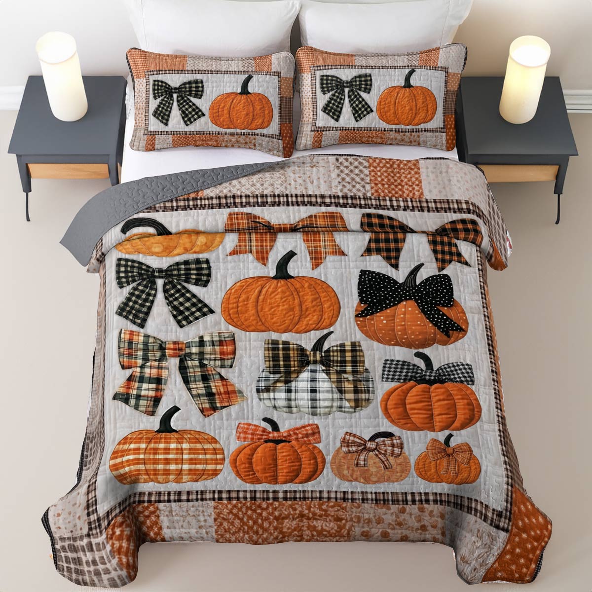 Ensemble de courtepointe toutes saisons Shineful Flat Print 3 pièces Sweet Love Pumpkins