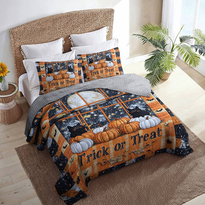 Shineful All Season Quilt 3-Piece Set Cute Fat Black Cats Pumpkins Halloween