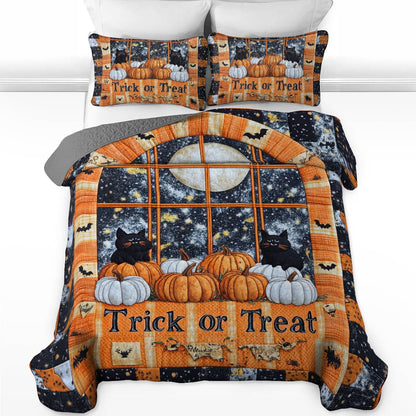 Shineful All Season Quilt 3-Piece Set Cute Fat Black Cats Pumpkins Halloween