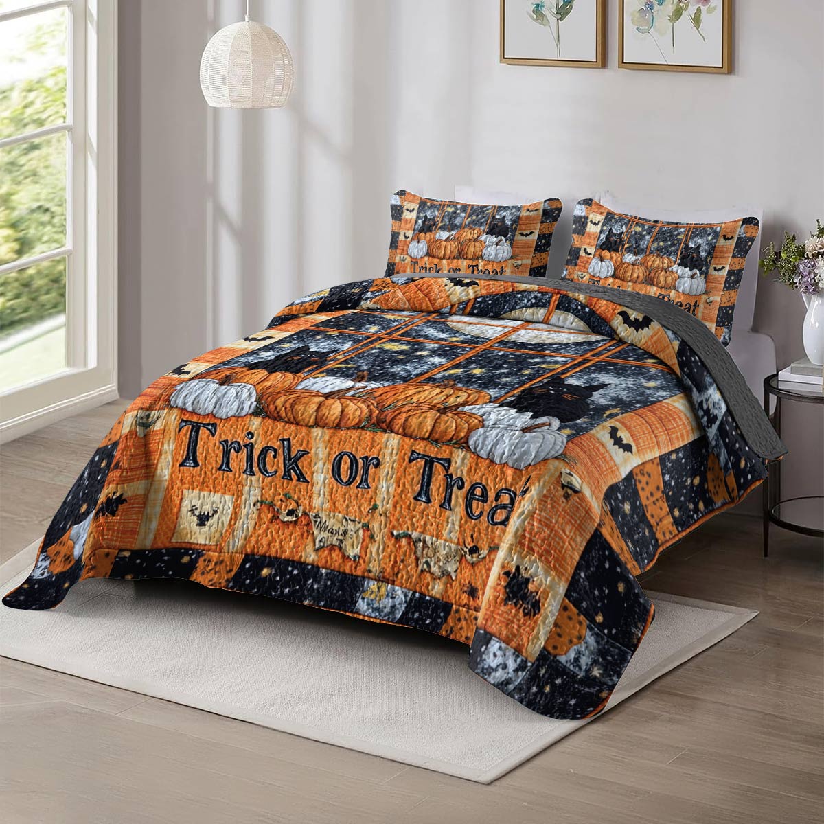 Shineful All Season Quilt 3-Piece Set Cute Fat Black Cats Pumpkins Halloween