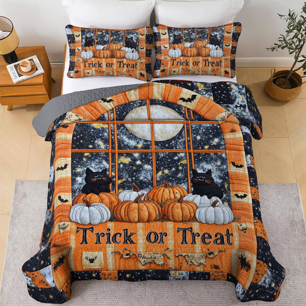 Shineful All Season Quilt 3-Piece Set Cute Fat Black Cats Pumpkins Halloween