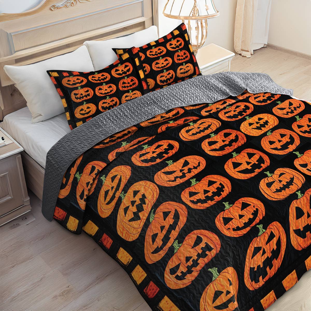 Shineful All Season Quilt 3-Piece Set Cute Pumpkins Halloween