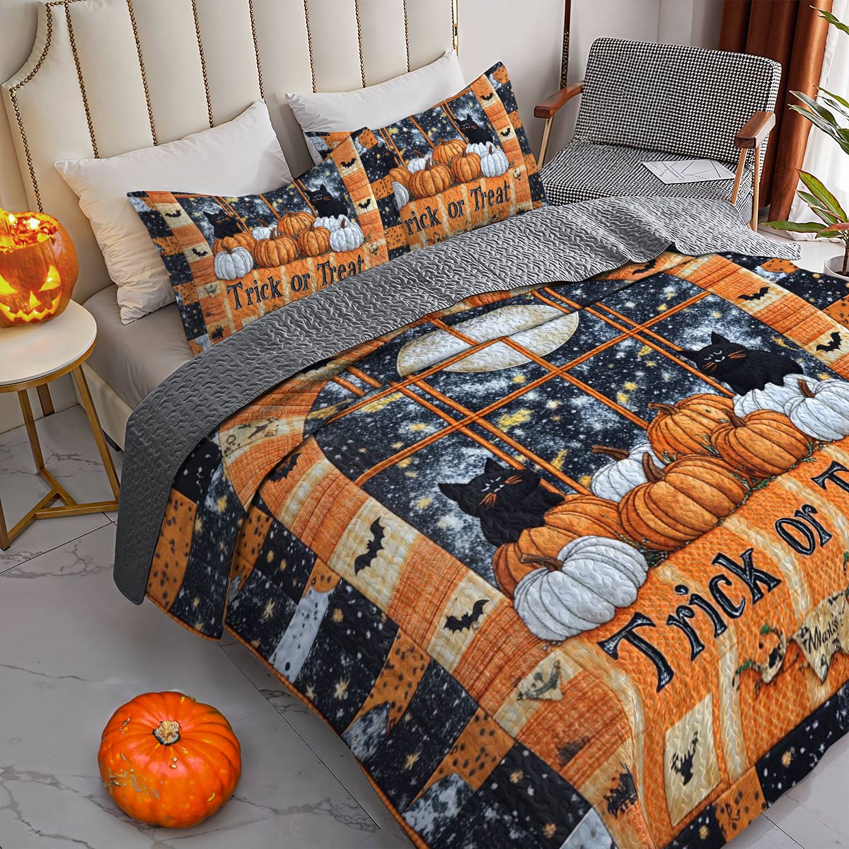 Shineful All Season Quilt 3-Piece Set Cute Fat Black Cats Pumpkins Halloween