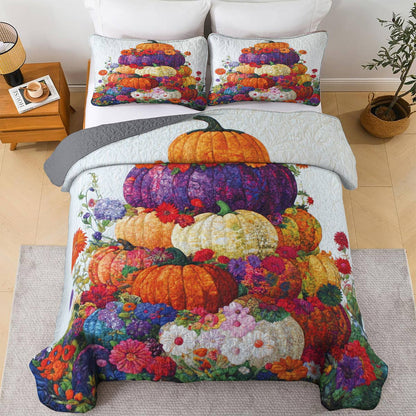 Shineful All Season Quilt 3-Piece Set Colorful Stack Of Pumpkins