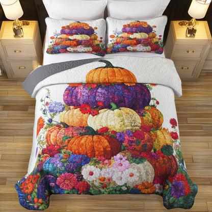 Shineful All Season Quilt 3-Piece Set Colorful Stack Of Pumpkins