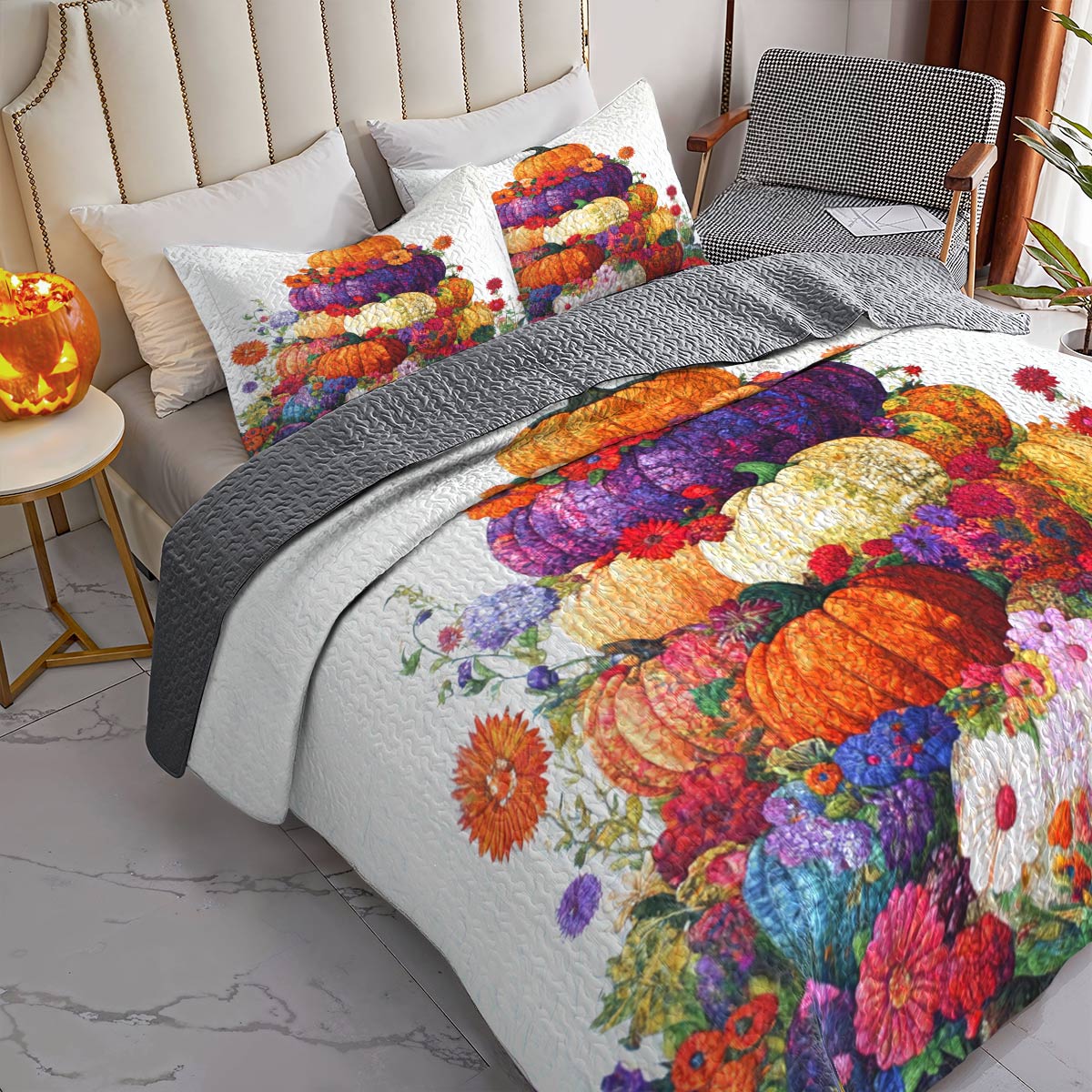 Shineful All Season Quilt 3-Piece Set Colorful Stack Of Pumpkins