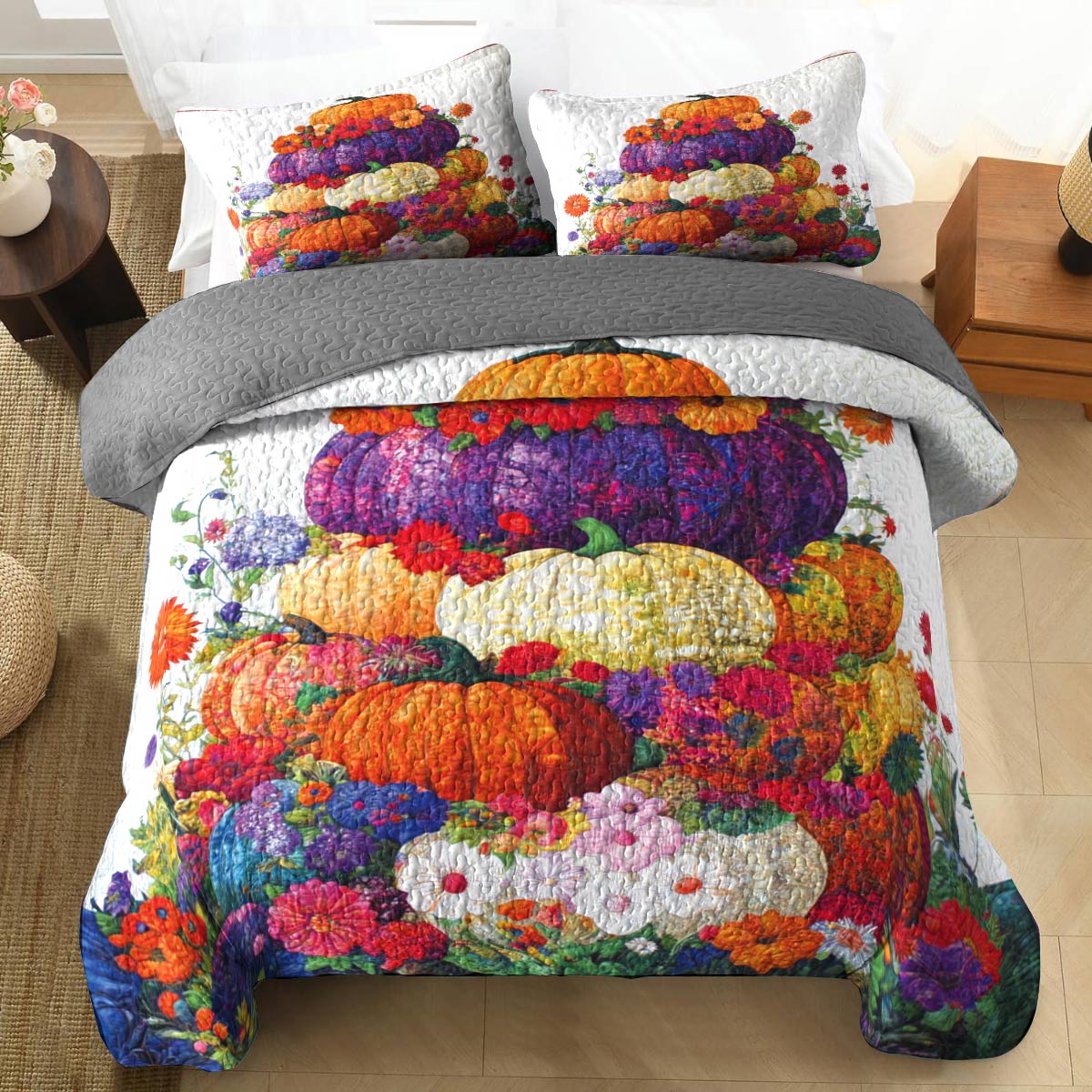 Shineful All Season Quilt 3-Piece Set Colorful Stack Of Pumpkins