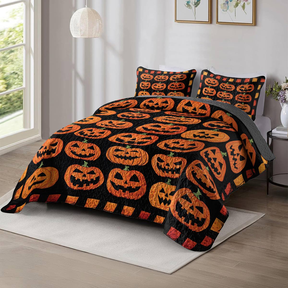 Shineful All Season Quilt 3-Piece Set Cute Pumpkins Halloween