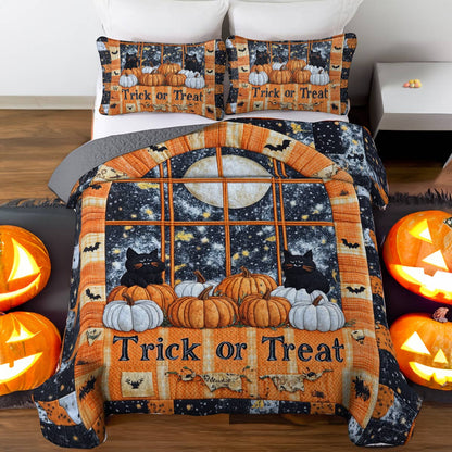 Shineful All Season Quilt 3-Piece Set Cute Fat Black Cats Pumpkins Halloween