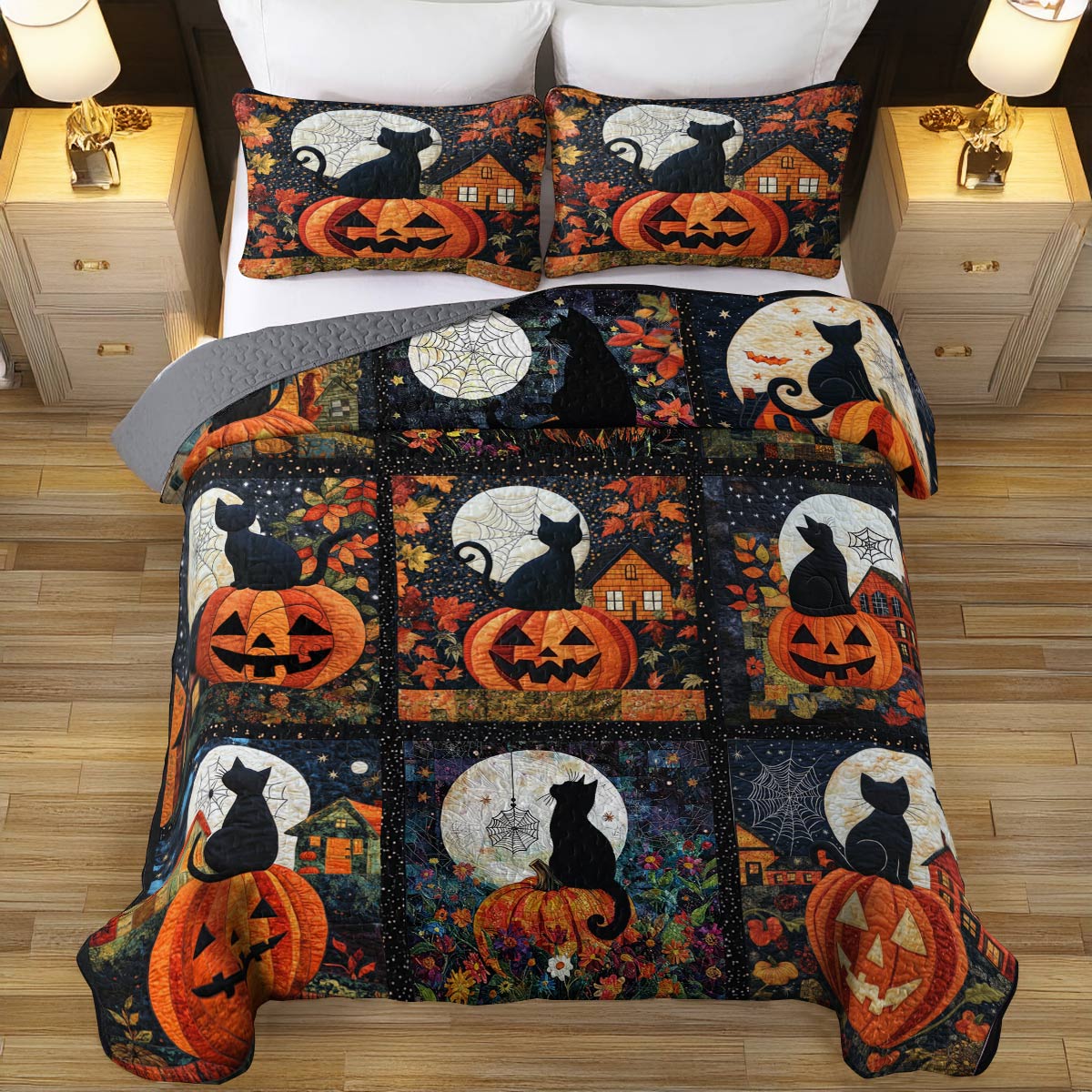 Shineful All Season Quilt 3-Piece Set Black Cat Pumpkins Fall Love Peace