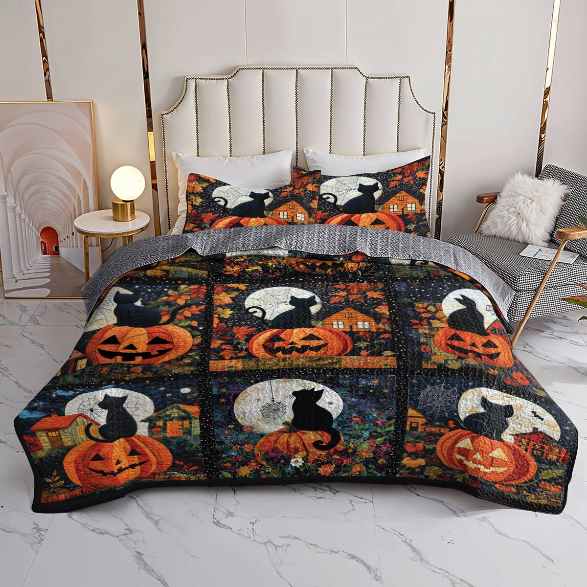 Shineful All Season Quilt 3-Piece Set Black Cat Pumpkins Fall Love Peace