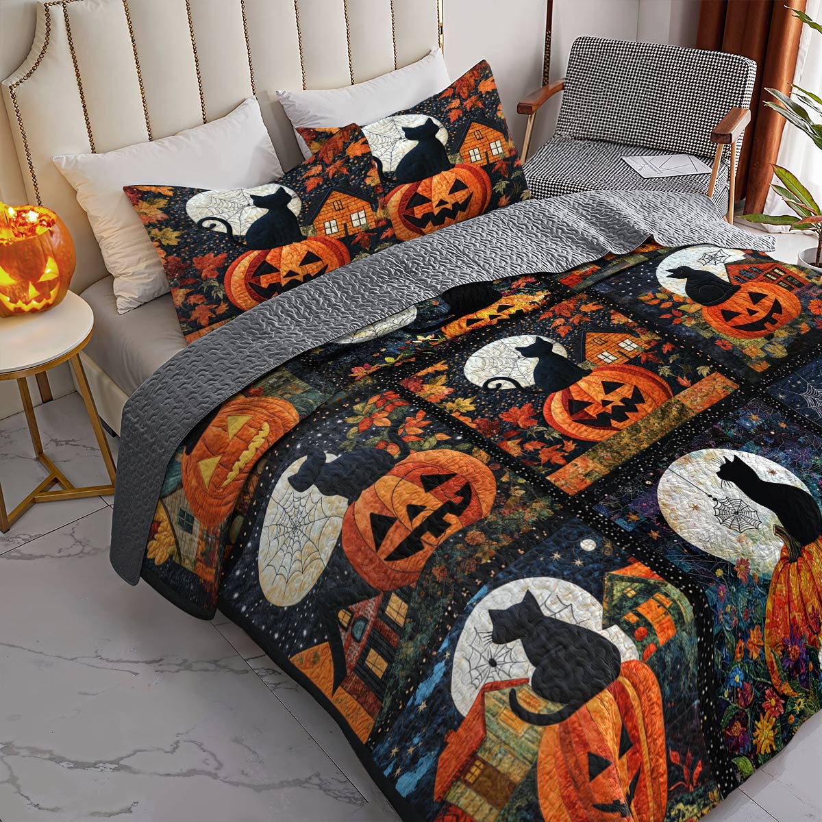 Shineful All Season Quilt 3-Piece Set Black Cat Pumpkins Fall Love Peace