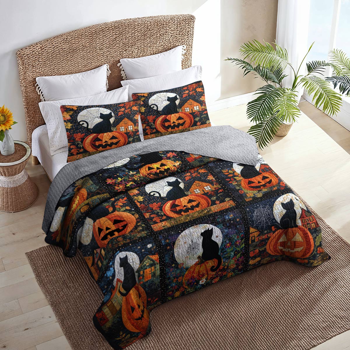 Shineful All Season Quilt 3-Piece Set Black Cat Pumpkins Fall Love Peace