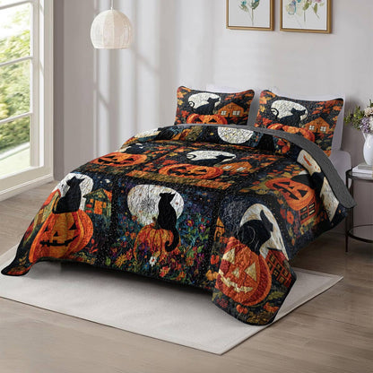 Shineful All Season Quilt 3-Piece Set Black Cat Pumpkins Fall Love Peace