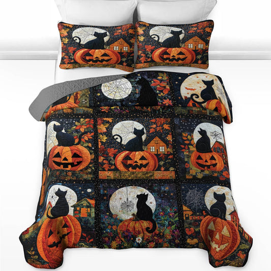 Shineful All Season Quilt 3-Piece Set Black Cat Pumpkins Fall Love Peace