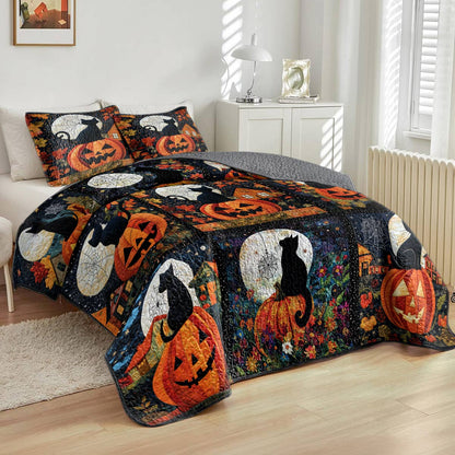 Shineful All Season Quilt 3-Piece Set Black Cat Pumpkins Fall Love Peace