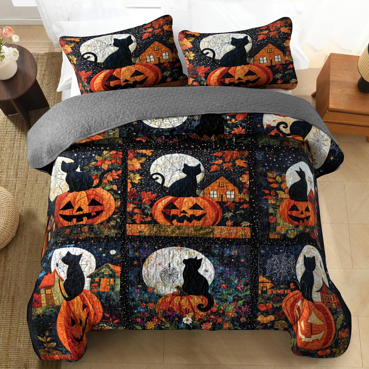 Shineful All Season Quilt 3-Piece Set Black Cat Pumpkins Fall Love Peace