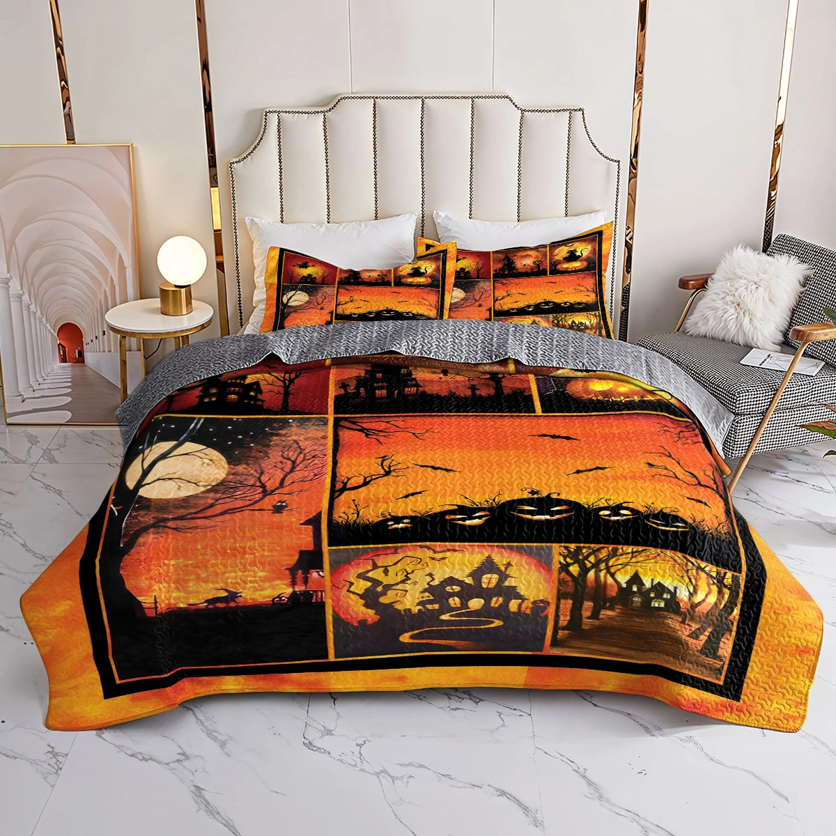 Shineful All Season Quilt 3-Piece Set - Halloween Haunted Pumpkin Night