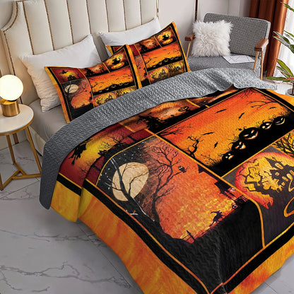 Shineful All Season Quilt 3-Piece Set - Halloween Haunted Pumpkin Night