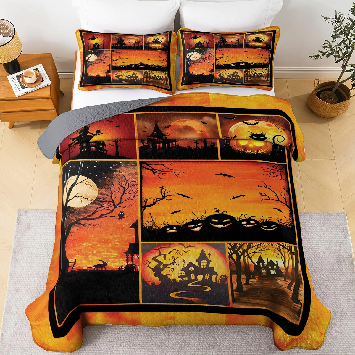 Shineful All Season Quilt 3-Piece Set - Halloween Haunted Pumpkin Night