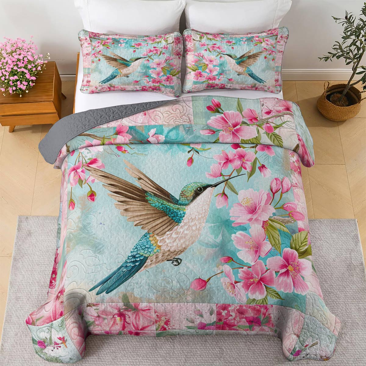 Shineful All Season Quilt 3-Piece Set Hummingbird With Cherry Blossoms Lovely