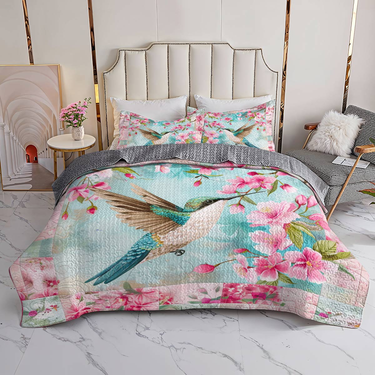 Shineful All Season Quilt 3-Piece Set Hummingbird With Cherry Blossoms Lovely