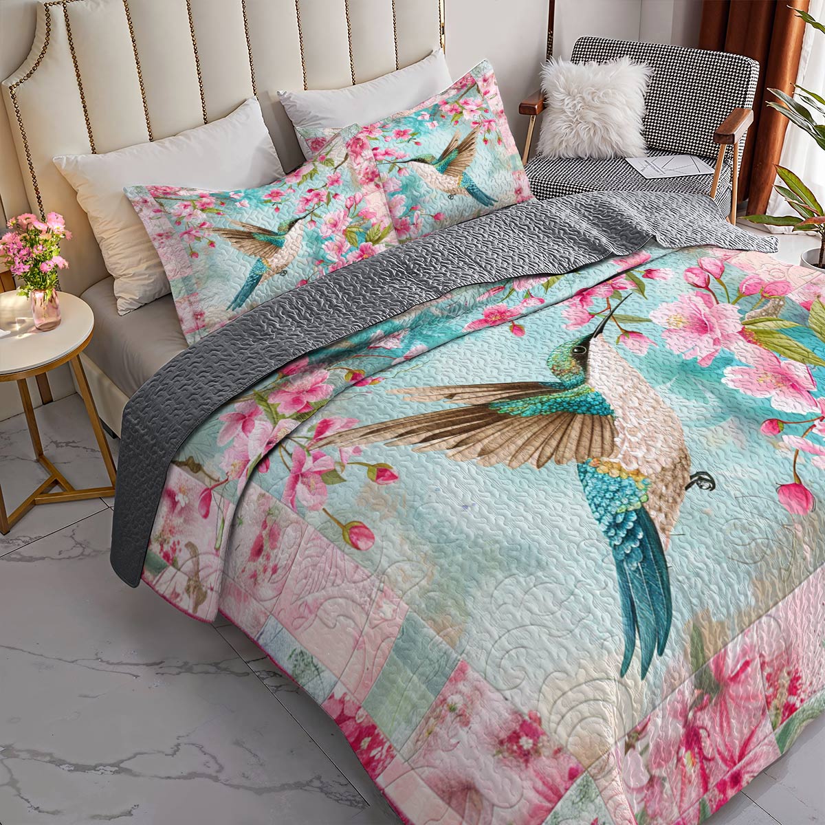 Shineful All Season Quilt 3-Piece Set Hummingbird With Cherry Blossoms Lovely