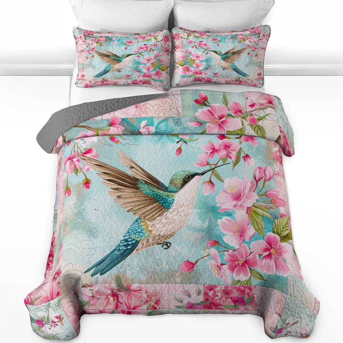 Shineful All Season Quilt 3-Piece Set Hummingbird With Cherry Blossoms Lovely