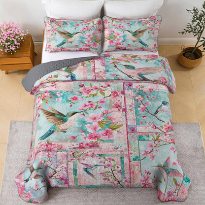 Shineful All Season Quilt 3-Piece Set Charming Hummingbird Cherry Blossoms