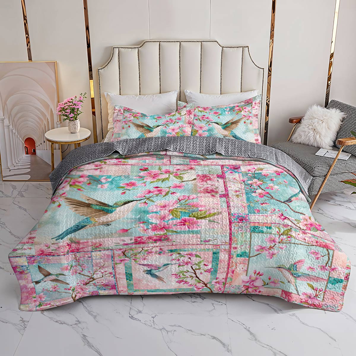 Shineful All Season Quilt 3-Piece Set Charming Hummingbird Cherry Blossoms