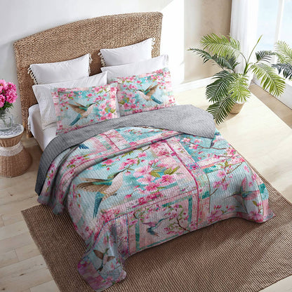 Shineful All Season Quilt 3-Piece Set Charming Hummingbird Cherry Blossoms