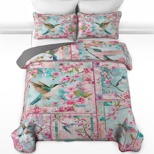 Shineful All Season Quilt 3-Piece Set Charming Hummingbird Cherry Blossoms