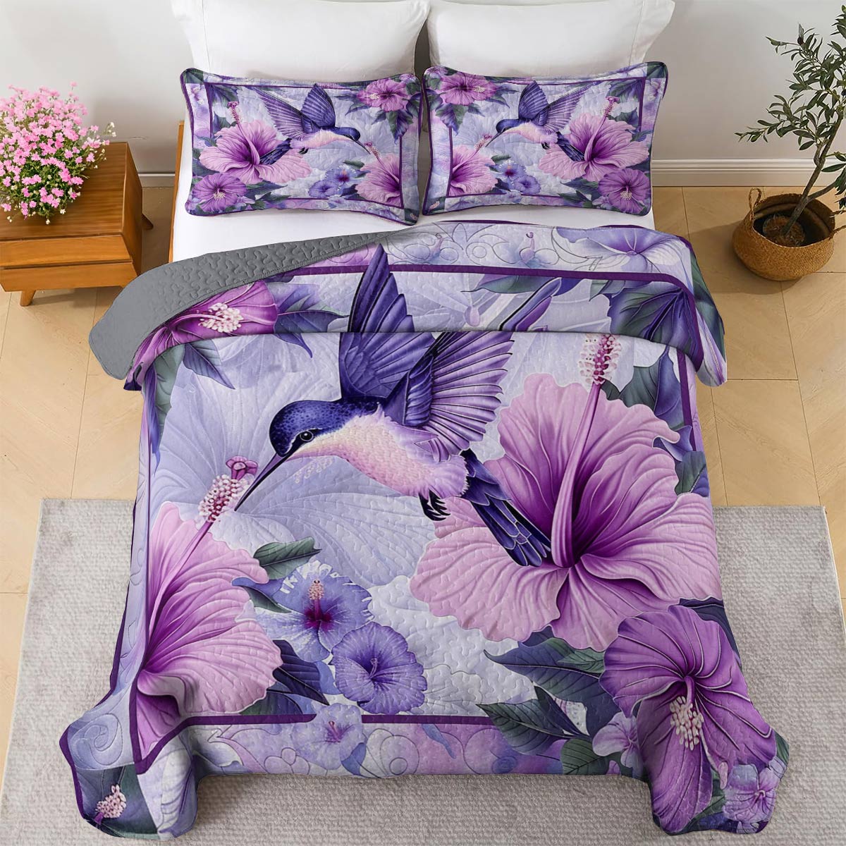 Shineful All Season Quilt 3-Piece Set Gorgeous Hummingbird With Hibicus Flowers