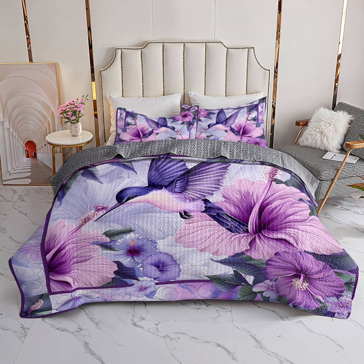 Shineful All Season Quilt 3-Piece Set Gorgeous Hummingbird With Hibicus Flowers