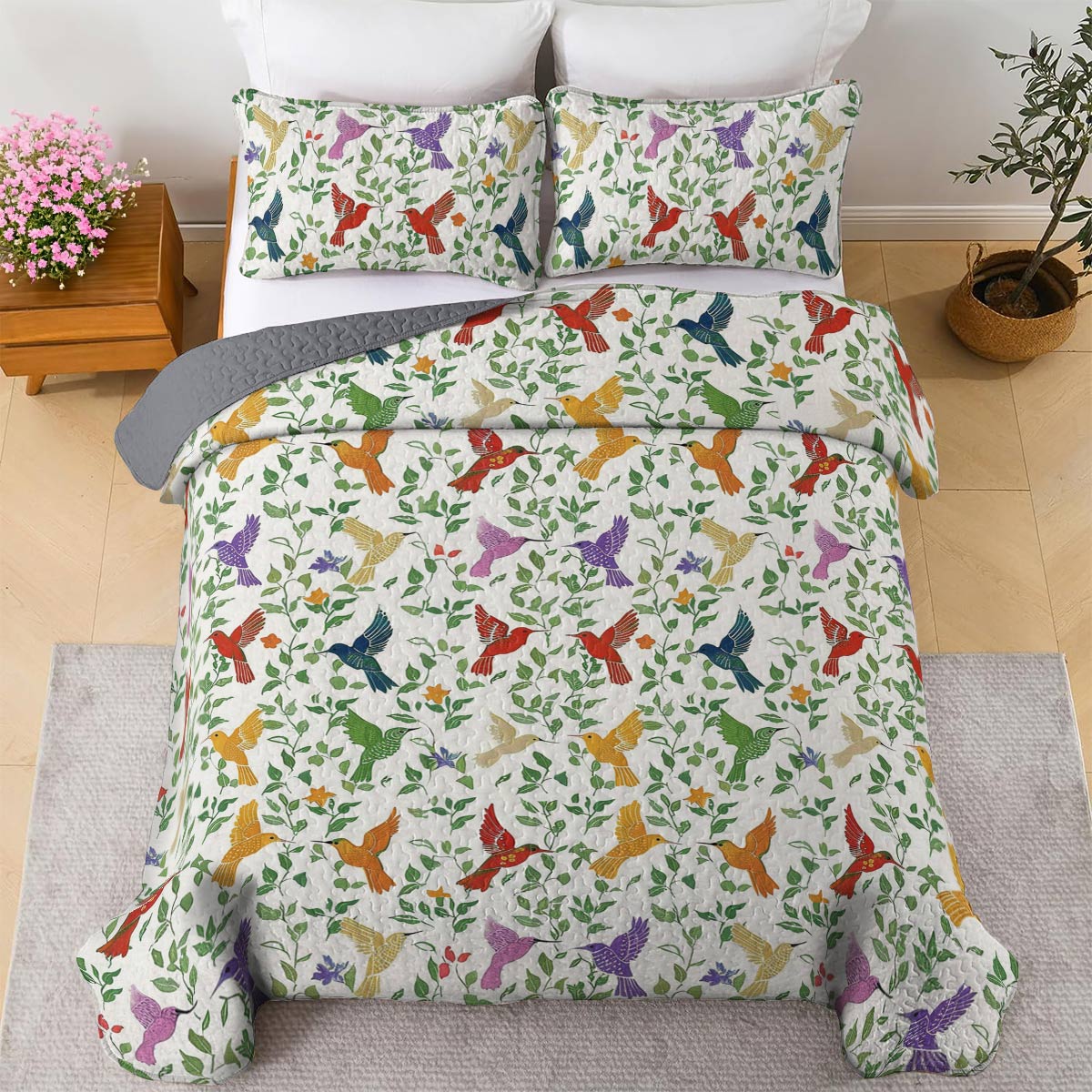 Shineful All Season Quilt 3-Piece Set Natural Hummingbird