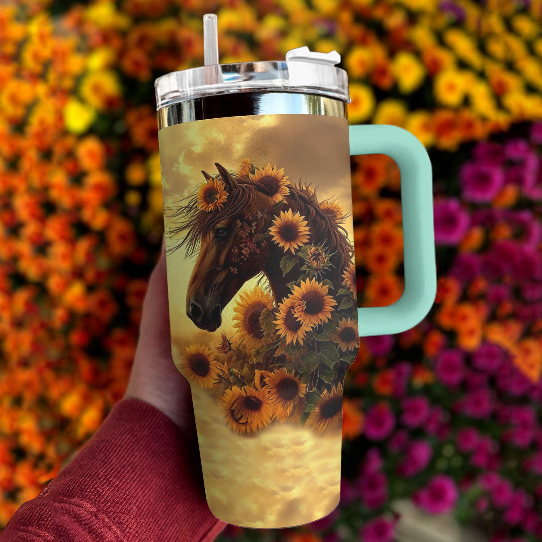 Horse 40 Oz Shineful™ Tumbler Shine With Sunflowers Mn8 Turquoise Blue 40Oz