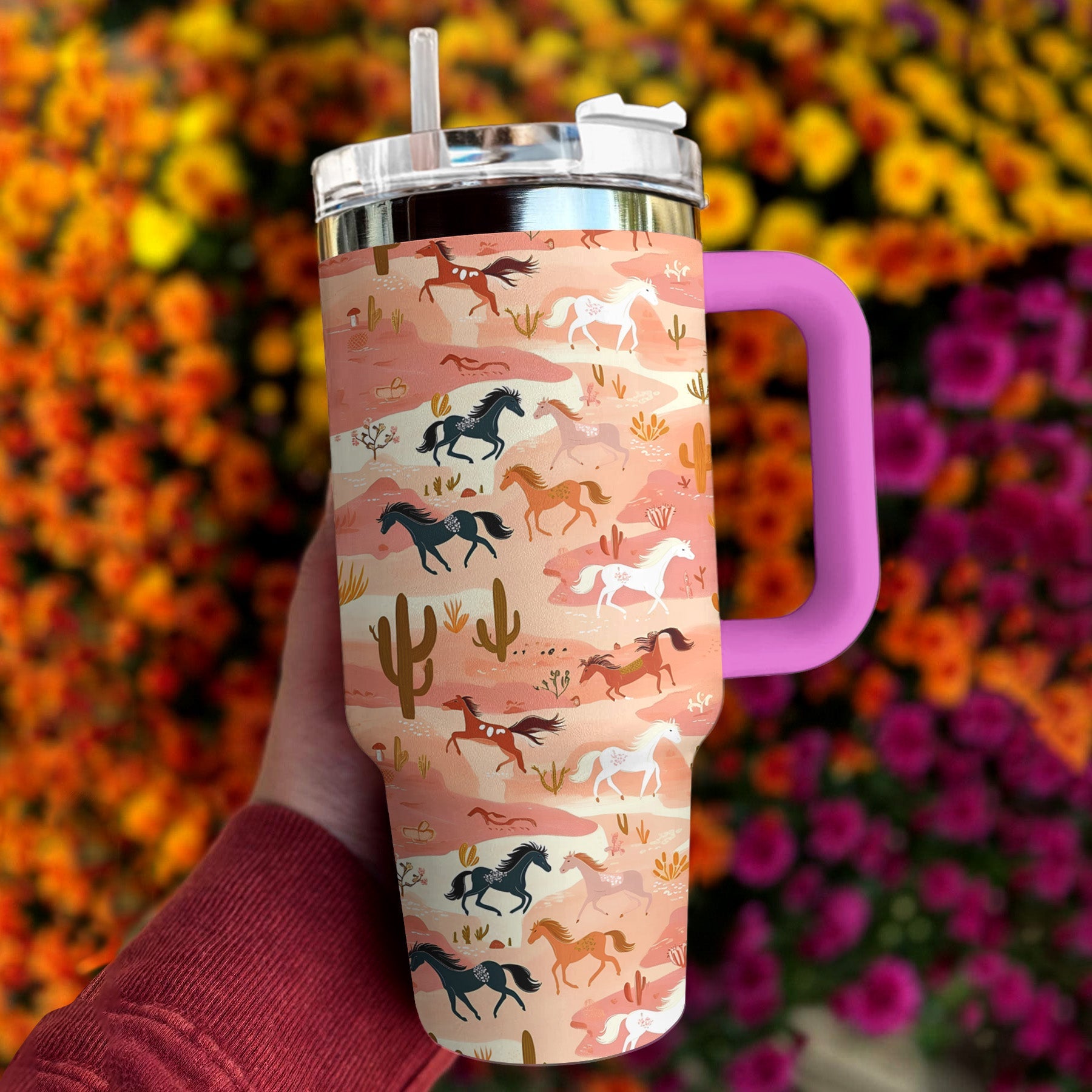 Horse 40 Oz Shineful™ Tumbler Horses On Steppe Mn8 Hot Pink 40Oz