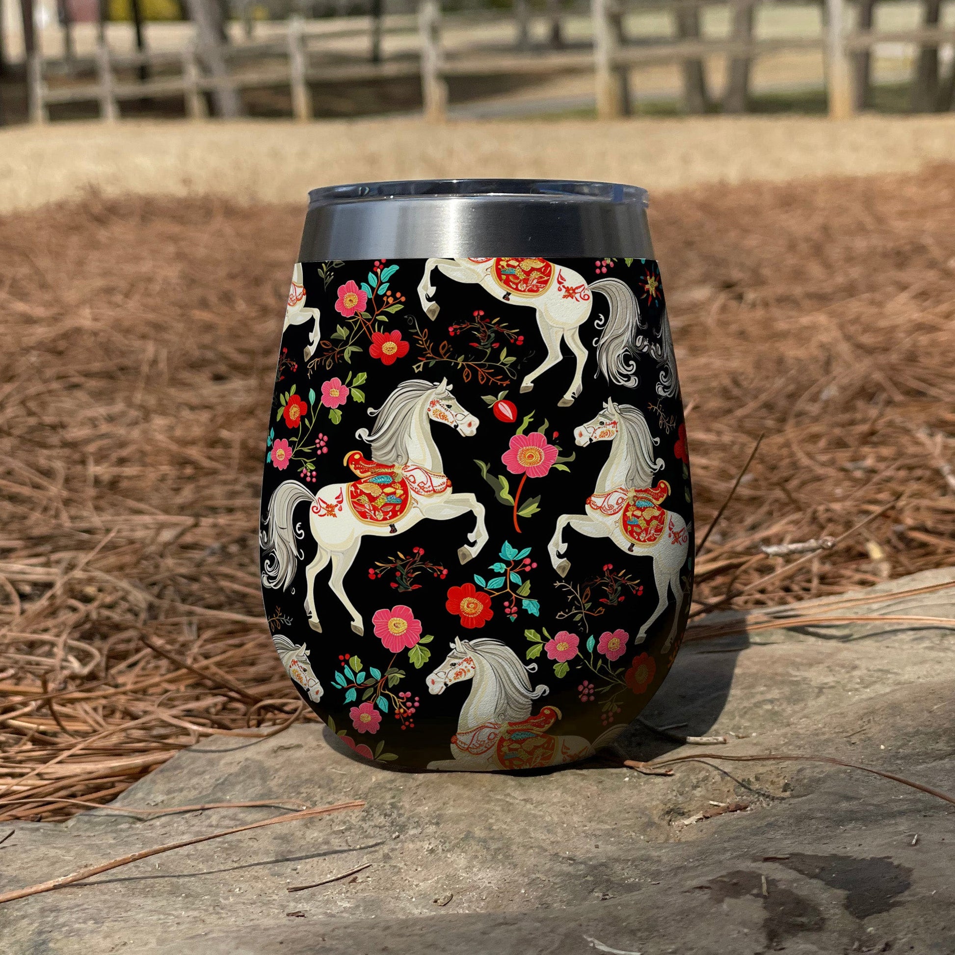 Horse 12 Oz Shineful™ Wine Tumbler Floral Mn8 12Oz