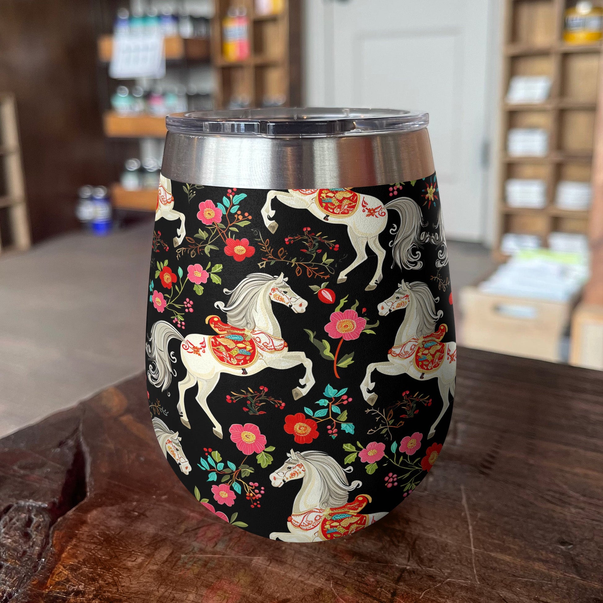 Horse 12 Oz Shineful™ Wine Tumbler Floral Mn8 12Oz