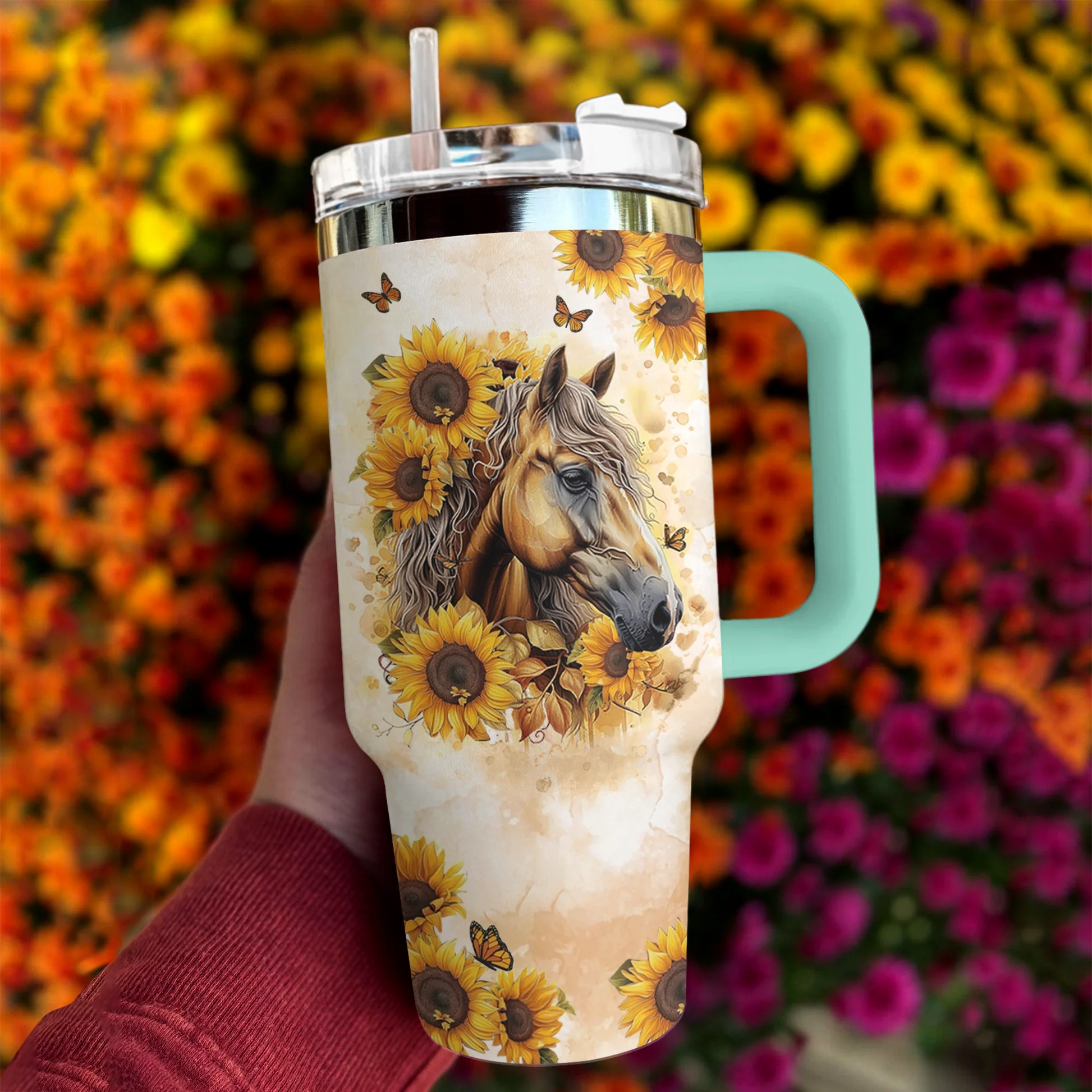 Horse 40 Oz Shineful™ Tumbler Shine With Sunflower Mn8 Turquoise Blue 40Oz