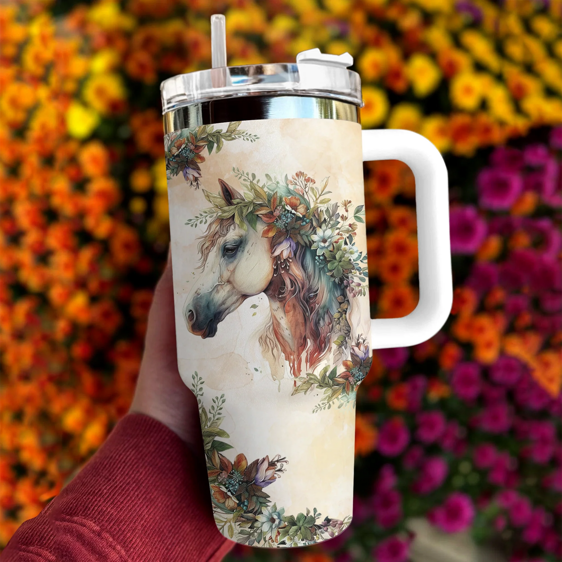 Horse 40 Oz Shineful™ Tumbler With Floral Mn8 40Oz