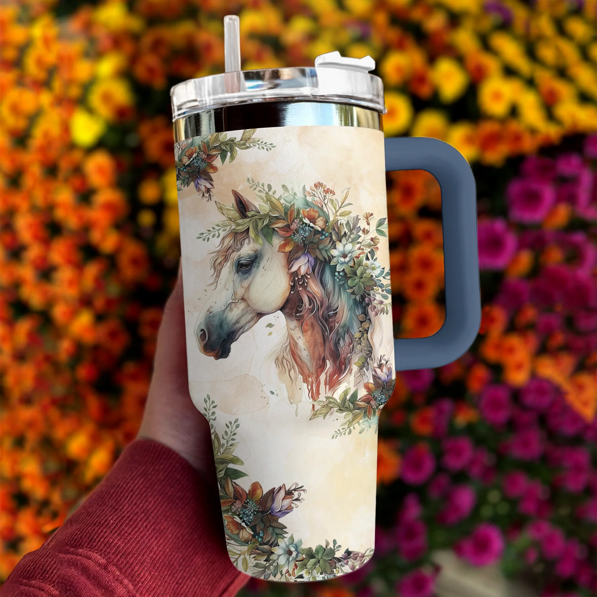 Horse 40 Oz Shineful™ Tumbler With Floral Mn8 40Oz