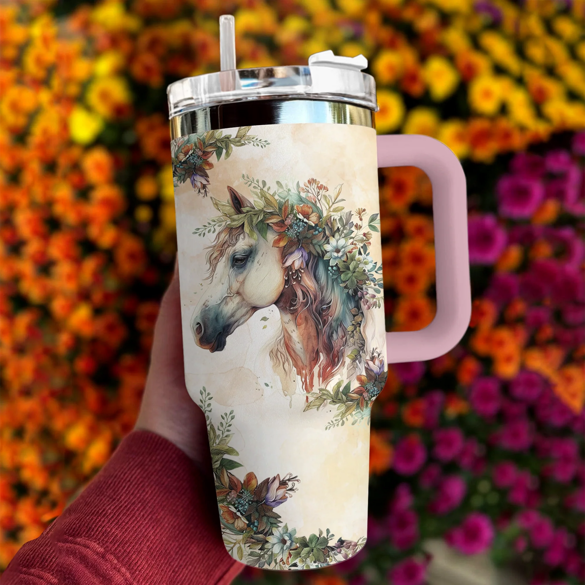 Horse 40 Oz Shineful™ Tumbler With Floral Mn8 40Oz